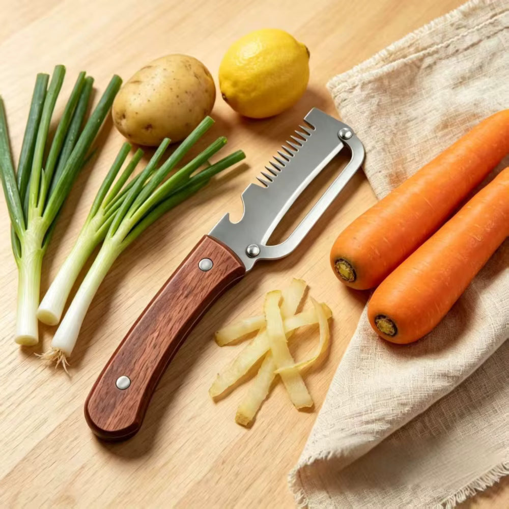 3-in-1 Multifunctional Fruits and Vegetable Peeler | Wooden Handle Kitchen Tool for Home Use