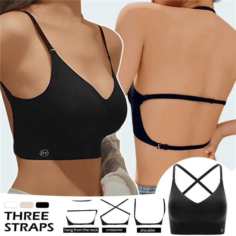 Women's Invisible Deep U Plunge Backless Push Up Bra with Transparent Straps