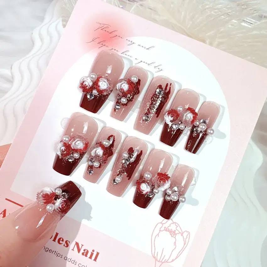 Luxury Crystal Press-On Nails for Women | Rhinestone & 3D Flower Reusable Fake Nail Set | Salon-Quality Manicure