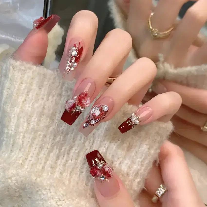 Luxury Crystal Press-On Nails for Women | Rhinestone & 3D Flower Reusable Fake Nail Set | Salon-Quality Manicure