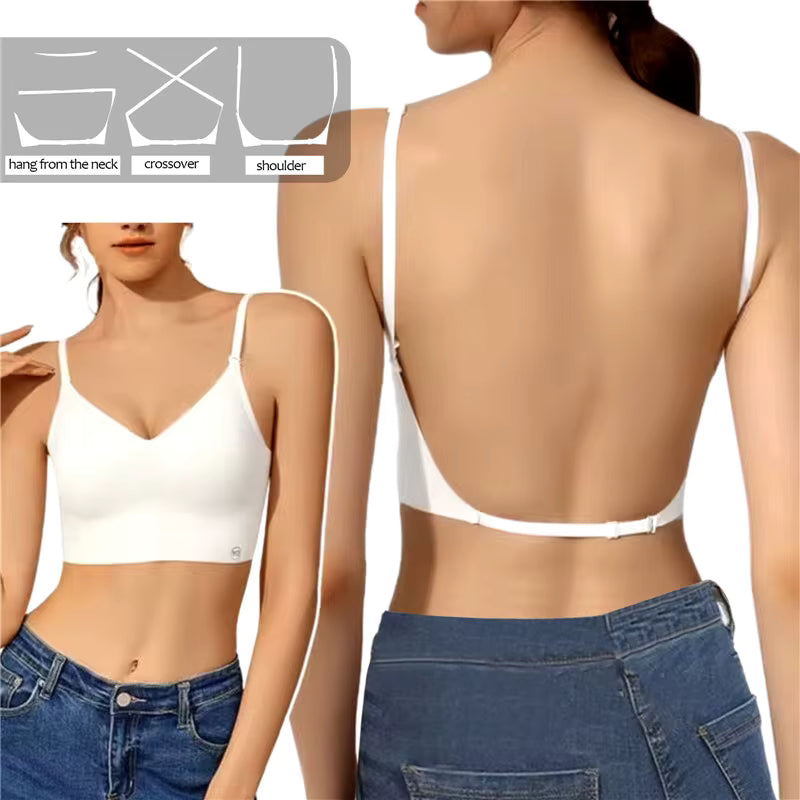 Women's Invisible Deep U Plunge Backless Push Up Bra with Transparent Straps