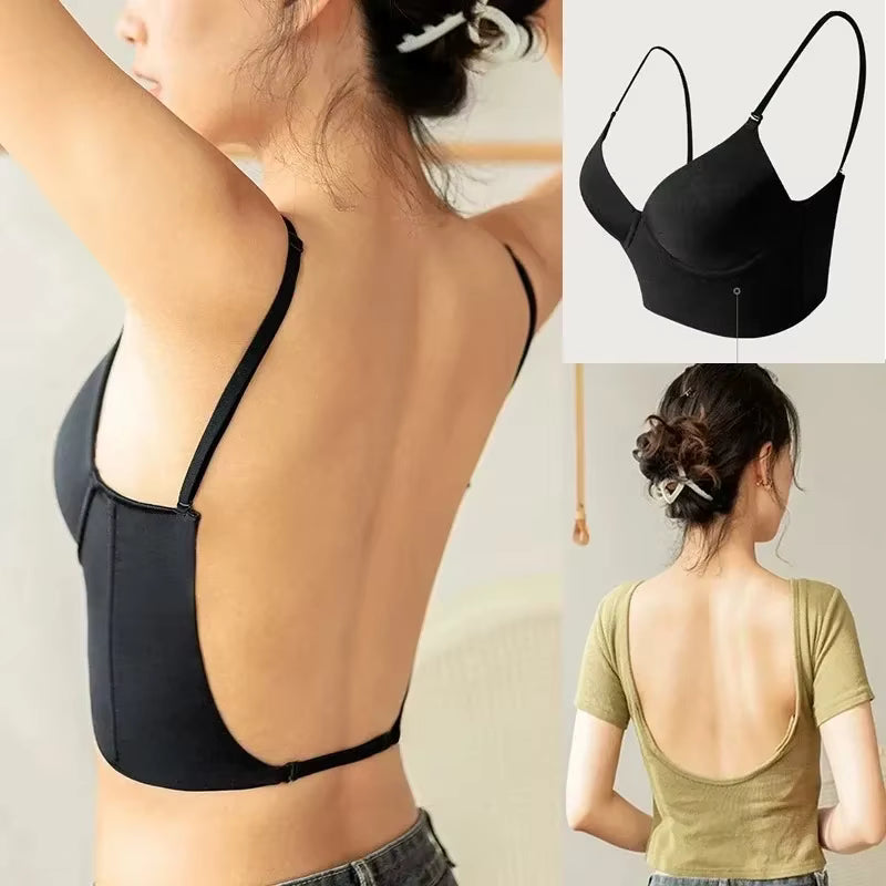 Women's Invisible Deep U Plunge Backless Push Up Bra with Transparent Straps