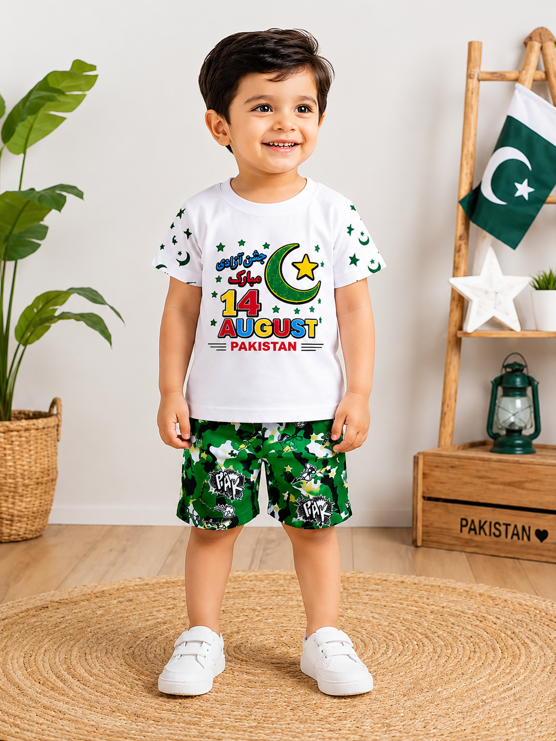 14 August Pakistan Independence Day Boys Printed Shirt & Shorts Set | Green White Kids Summer Dress | 14 August Celebration Outfit