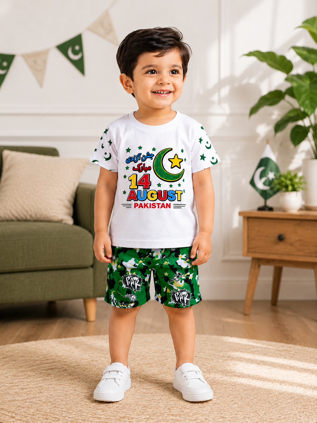 14 August Pakistan Independence Day Boys Printed Shirt & Shorts Set | Green White Kids Summer Dress | 14 August Celebration Outfit